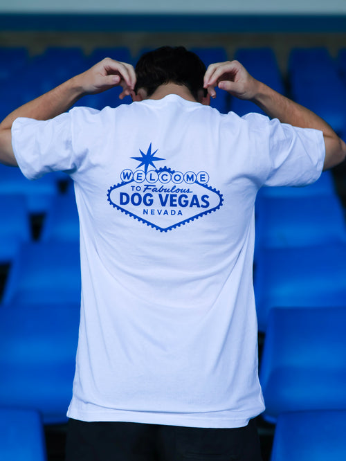 DOG VEGAS TEE - BLUE LOGO ON WHITE