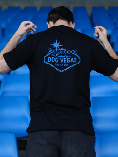 DOG VEGAS TEE - BLUE LOGO ON BLACK