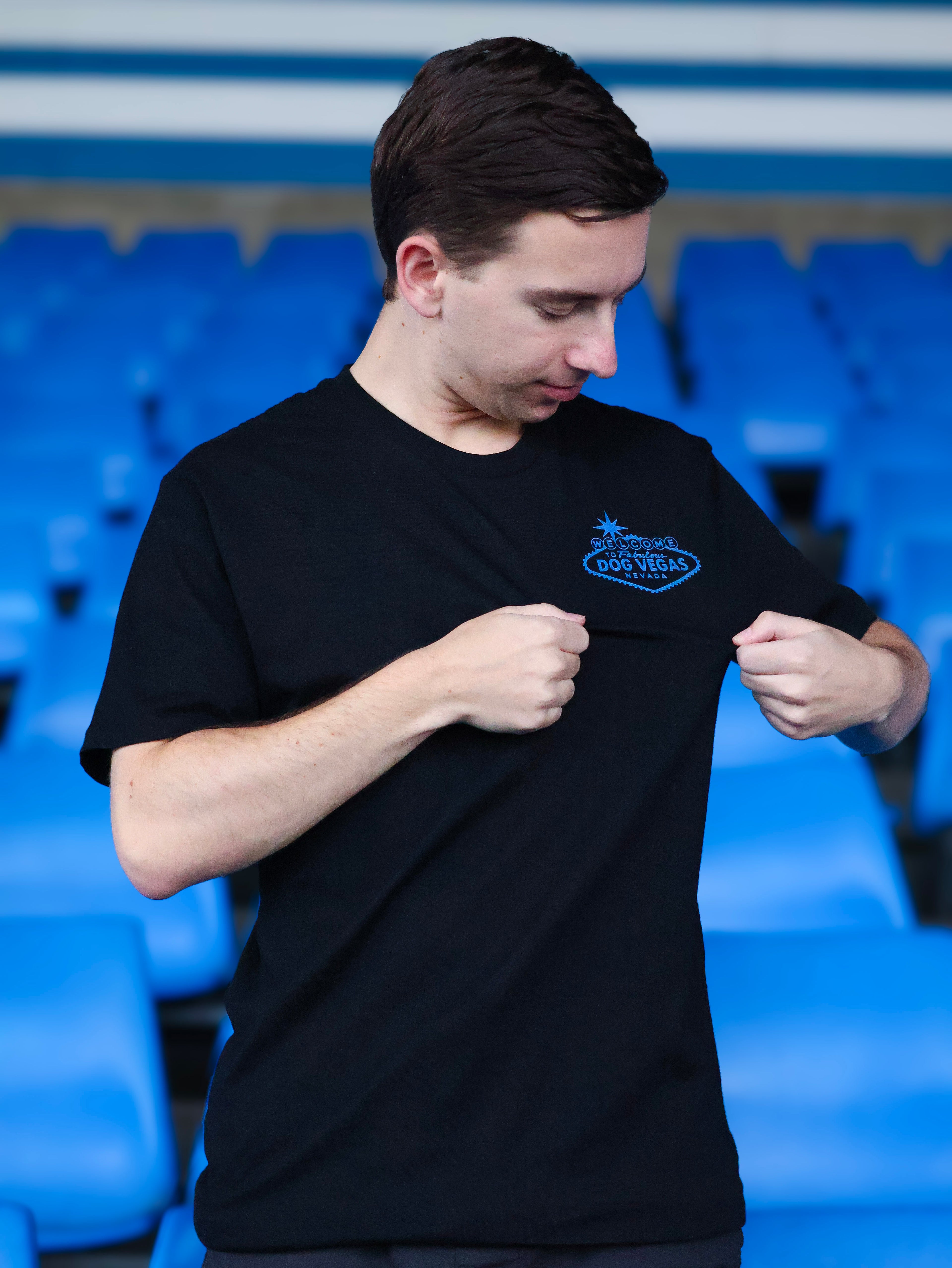 DOG VEGAS TEE - BLUE LOGO ON BLACK