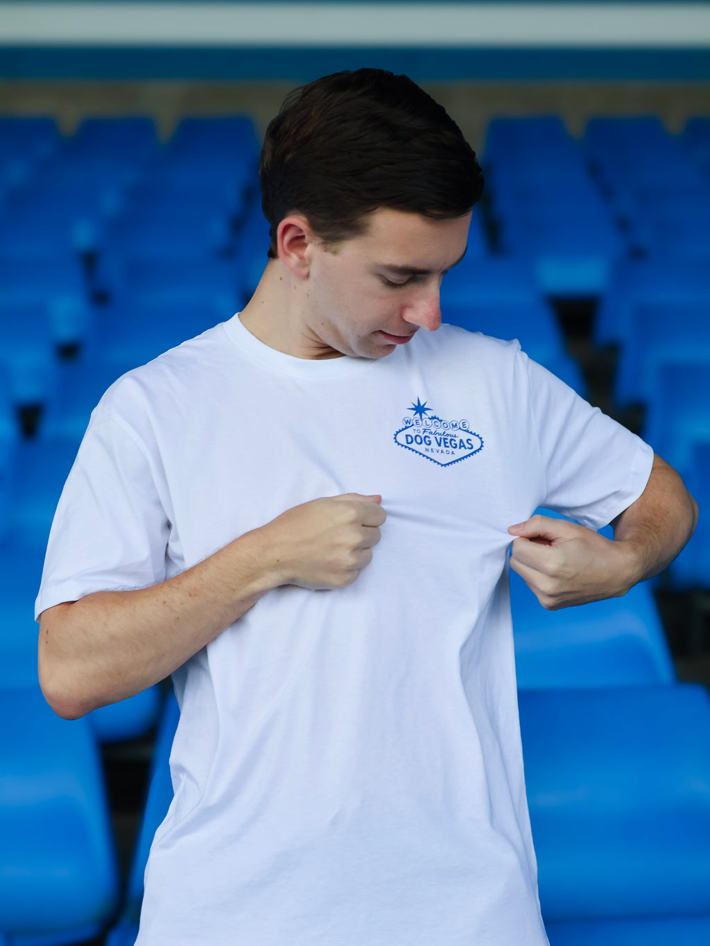 DOG VEGAS TEE - BLUE LOGO ON WHITE
