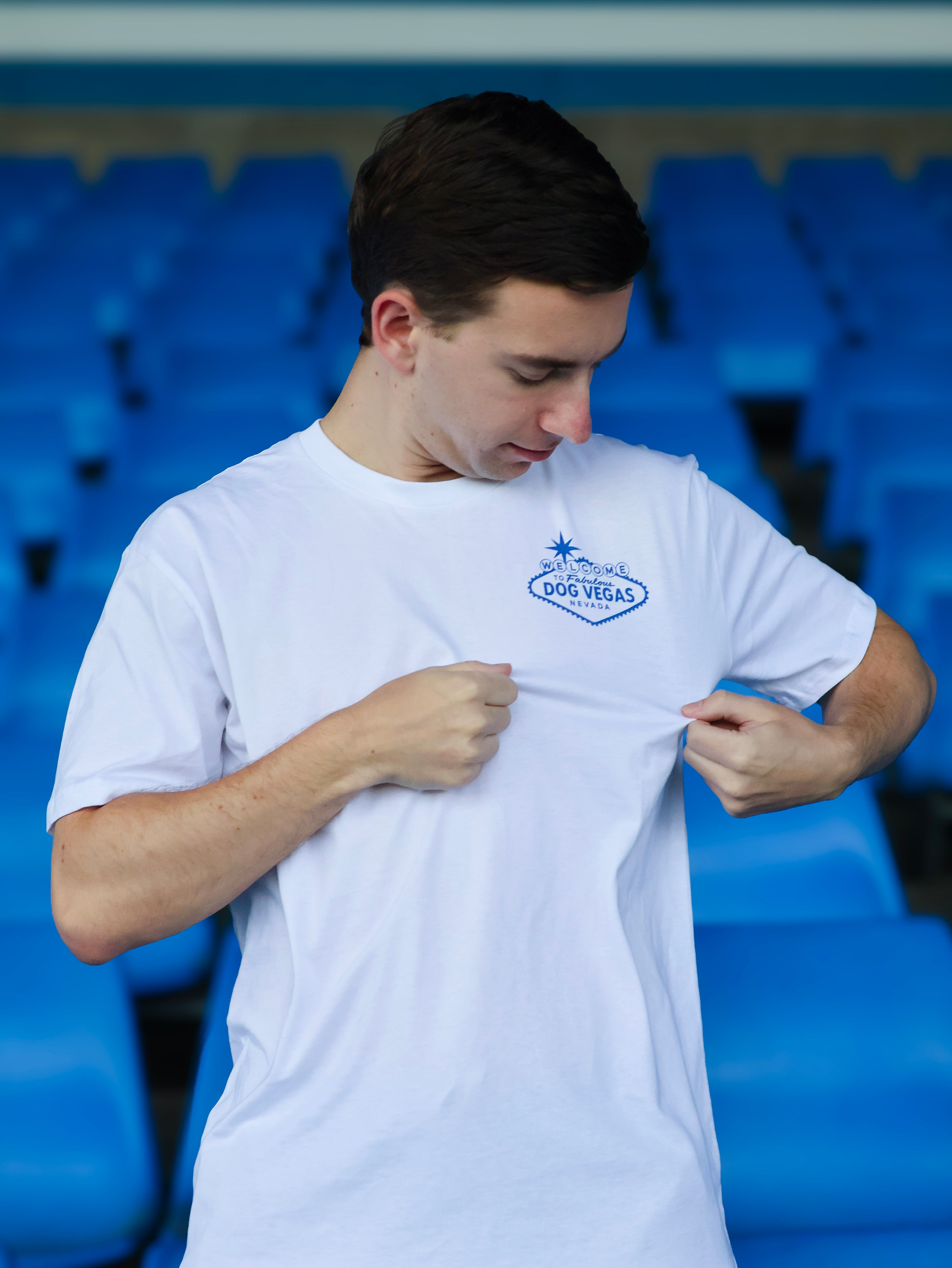 DOG VEGAS TEE - BLUE LOGO ON WHITE